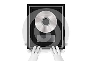 Abstract Mannequin Hands Holding Platinum or Silver Vinyl or CD Prize Award with Label in Black Frame. 3d Rendering photo