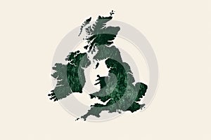 Abstract map of Great Britain and Ireland, green wireframe design, broken white background, geopolitical concept, copy photo