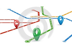 Abstract map of subway routes. Perspective view. Realistic 3D pointers