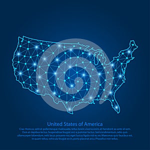 Abstract map of the USA created from lines, bright points and polygons in the form of starry sky, space and planets. Vector.