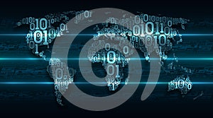 Abstract map world with continents from digital binary code on the background abstract printed circuit board, internet of things