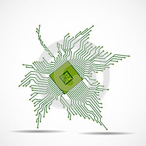 Abstract maple leaf with microprocessor inside isolated on white background