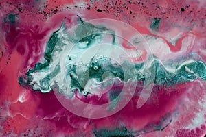 Abstract marble background. Different shades of pink colors. White and turquoise chaotical spots.