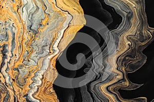 Abstract marble background or texture. Golden waves on black. Acrylic Fluid Art