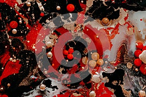 Abstract marble liquid glitter paint. Bubbles. Dark, white and red pearl inks in oil. Colorful shapes. Detailed