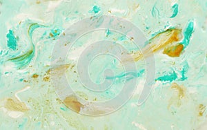 Abstract marble pastel pale blue mint green gold color paint background.