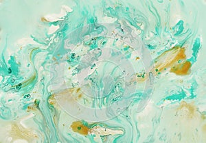 Abstract marble pastel pale blue mint green gold color paint background.