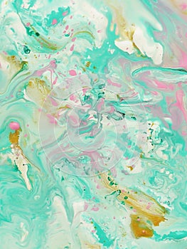 Abstract marble pastel pale blue mint green pink gold color paint background.