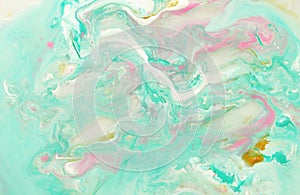 Abstract marble pastel pale blue mint green pink gold color paint background.