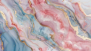 Abstract marble pattern with pink and blue colors and gold veins