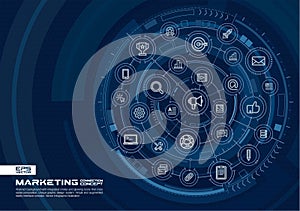Abstract marketing and seo background. Digital connect system with integrated circles, glowing thin line icons.