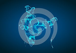 Abstract mash line and point scales on dark background with map