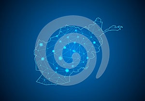 Abstract mash line and point scales on dark background with Map of Afghanistan.