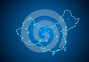 Abstract mash line and point scales on dark background with Map of china