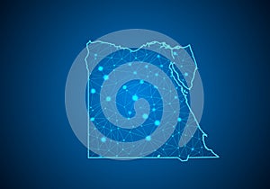 Abstract mash line and point scales on dark background with Map of egypt.