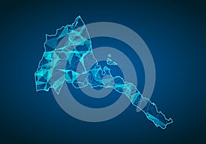 Abstract mash line and point scales on dark background with map