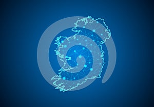 Abstract mash line and point scales on dark background with Map of ireland.