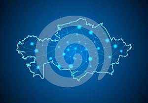 Abstract mash line and point scales on dark background with Map of kazakhstan.