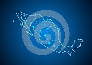 Abstract mash line and point scales on dark background with Map of mexico.