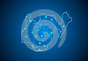 Abstract mash line and point scales on dark background with Map of nigeria.