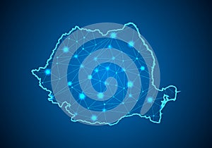 Abstract mash line and point scales on dark background with Map of romania.