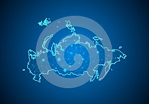 Abstract mash line and point scales on dark background with Map of russia.