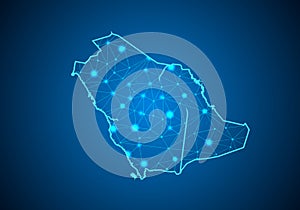 Abstract mash line and point scales on dark background with Map of Saudi Arabia.