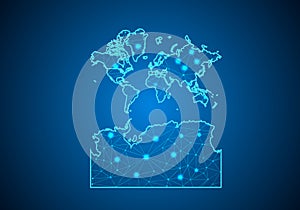 Abstract mash line and point scales on dark background with Map of World With Antarctica.