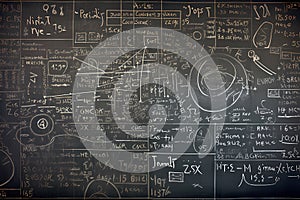 abstract mathematical background written in chalk on a blackboard formulas, calculations and and equations