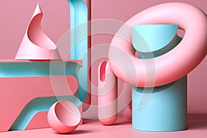 Abstract Matte Figures Of Pink And Blue Pastel Colors on Pink Pastel Background. 3d Rendering. Creative Wallpaper