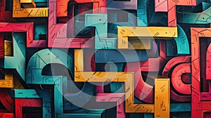abstract maze. colorful, optimistic, bold brutalist futuristic trippy contrasting color pallette graffiti influenced photo