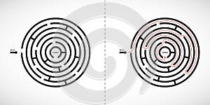 Abstract maze labyrinth icon. Labyrinth shape design element with one entrance and one exit. Vector illustration