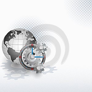 Abstract mechanical background with clock and earth globe