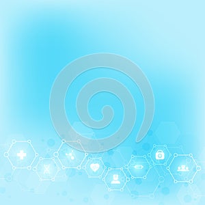 Abstract medical background with flat icons and symbols. Template design with concept and idea for healthcare technology