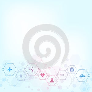 Abstract medical background with flat icons and symbols. Template design with concept and idea for healthcare technology