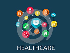 Abstract medicine background with lines, circles and integrate flat icons. Infographic concept medical, health photo