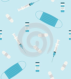 Abstract medicine seamless vector pattern with syringe, face mask, plaster and vaccine on light blue background.