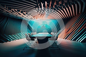 abstract meeting room with unconventional virtual background, such as geometric shapes or abstract patterns