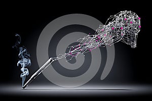 Abstract: Melting pen transforms into interconnected network with pink spheres on dark gradient.