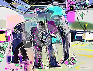 Abstract memphis digital painting of indian elephant