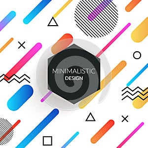 Abstract memphis style retro background with multicolored simple geometric shapes and copy space frame. Black triangles