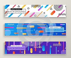 Abstract memphis style retro horizontal banners with multicolored simple geometric shapes and copy space frame