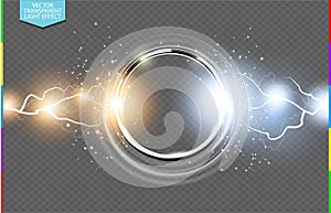 Abstract metal chrome ring power science transparent background. Electric shine round tech frame, energy lightning. Light effect