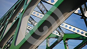 Abstract metal construction. Details of the metallic green bridge in Bratislava, Slovakia. Industrial construction.