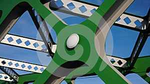 Abstract metal construction. Details of the metallic green bridge in Bratislava, Slovakia. Industrial construction.