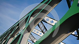 Abstract metal construction. Details of the metallic green bridge in Bratislava, Slovakia. Industrial construction.