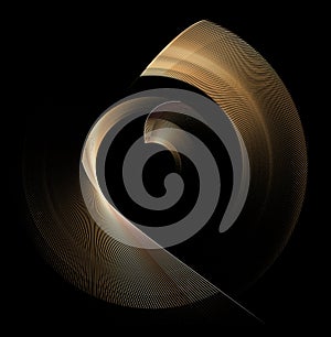 Abstract metal propeller of golden color on a black background. Graphic design element. Technical symbol or logo. 3D rendering.