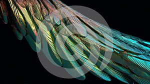 Abstract metallic angel feathered wings holographic rainbow colours background.