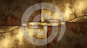 Abstract metallic artwork with gold and rust tones showcasing texture and layered design