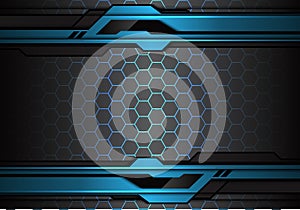 Abstract metallic blue black futuristic polygon line on hexagon mesh pattern design modern technology background vector photo